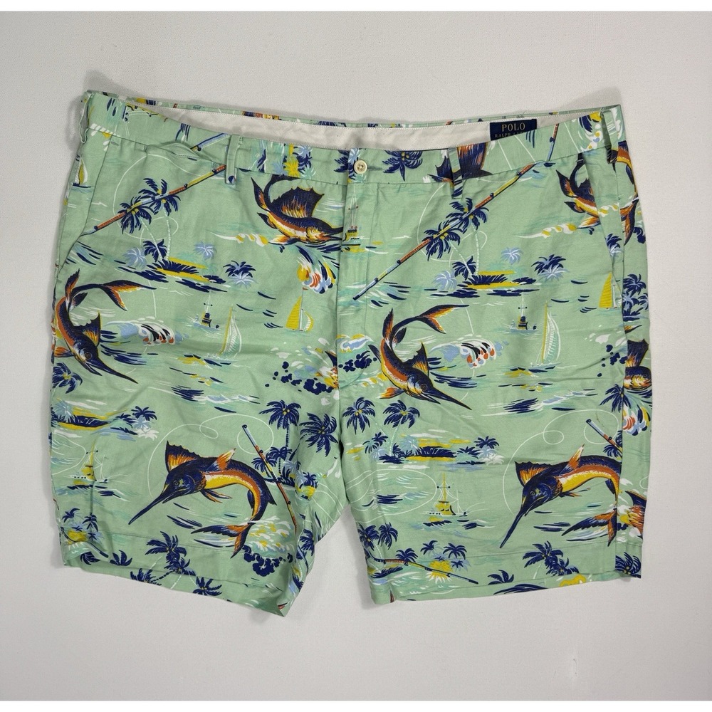 Polo Ralph Lauren Shorts Men 48 Linen Chino Classic Fit Marlin Fishing Island
